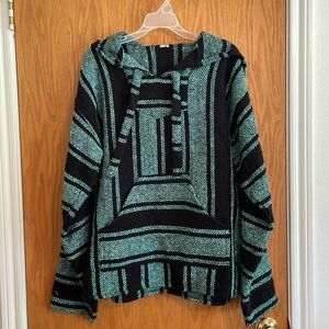 Turquoise black Mexico Baja Poncho Hoodie